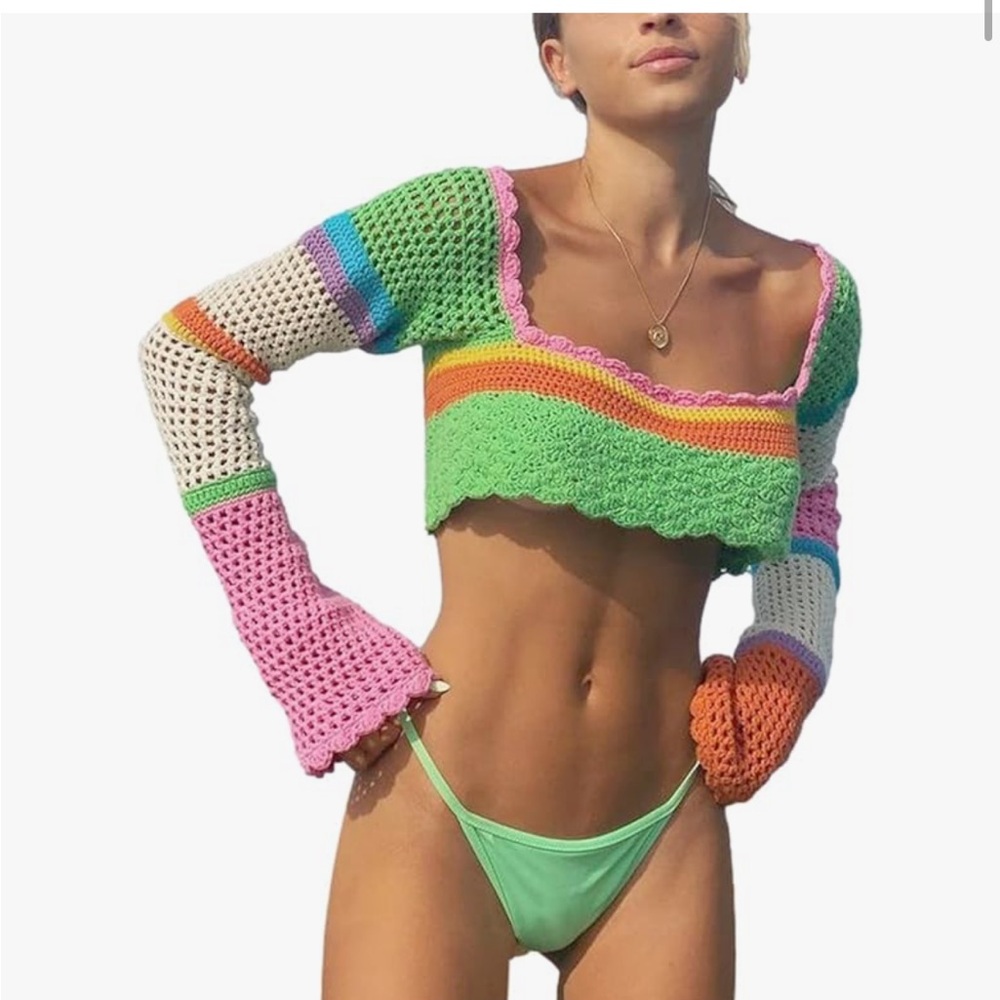 Y2K Knitted Long Sleeve Colorful Crop Crochet Top One Size S/M